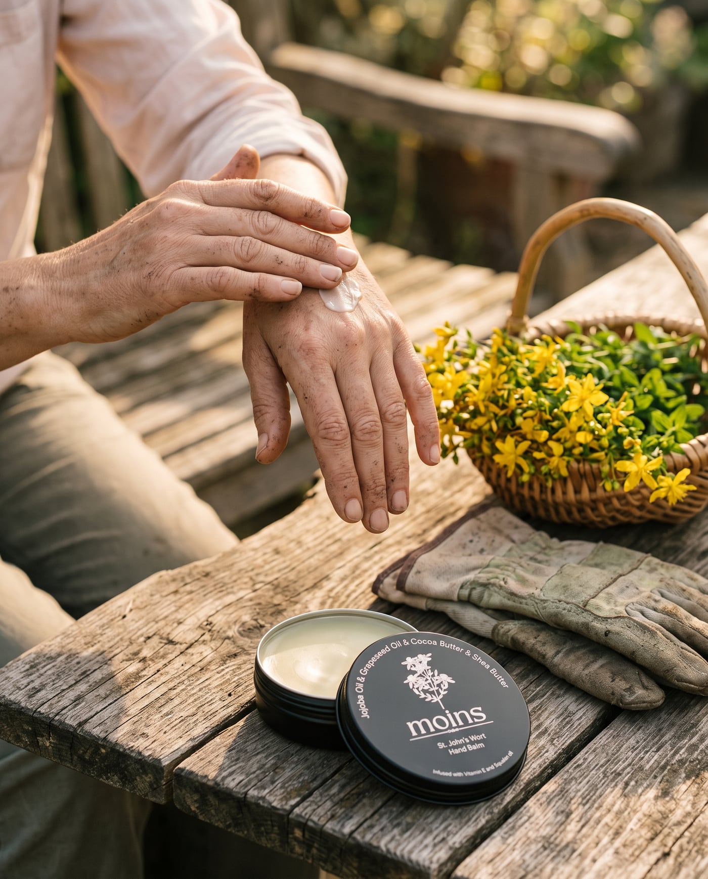 Nanošenje Moins St. John's Wort Hand Balm na ruke u bašti, pored korpe sa kantarionom