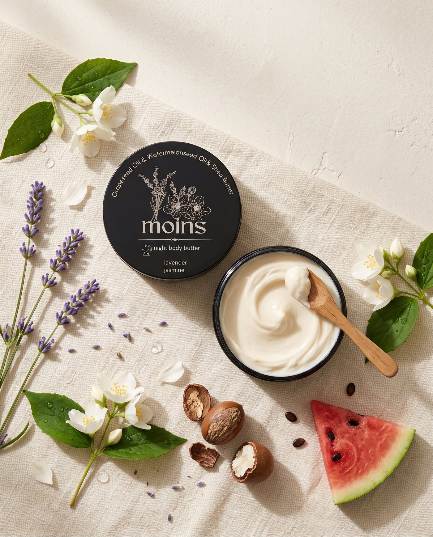 Moins Night Body Butter, otvorena tegla sa špatulom, lavanda i jasmin